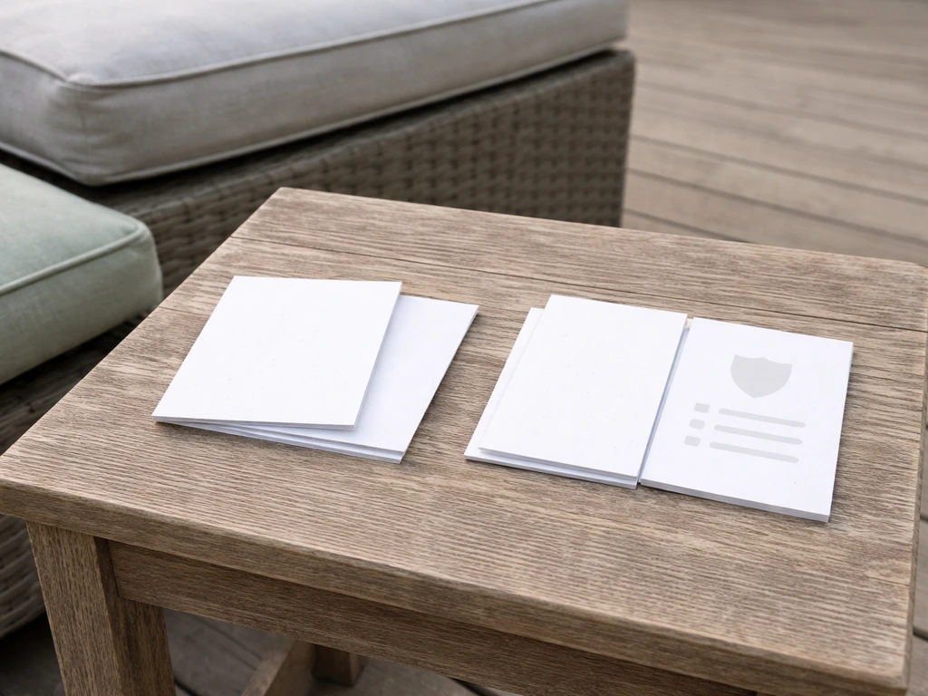 Two patio cushion quotes style cards and warranty term cards side by side on an outdoor table