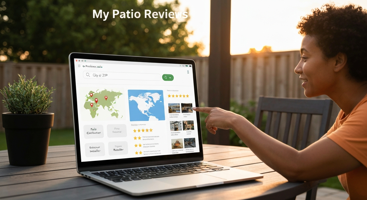 Illustration of a My Patio Reviews web dashboard on a laptop screen with search, map pins, filters, and review listings, viewed on a backyard patio.