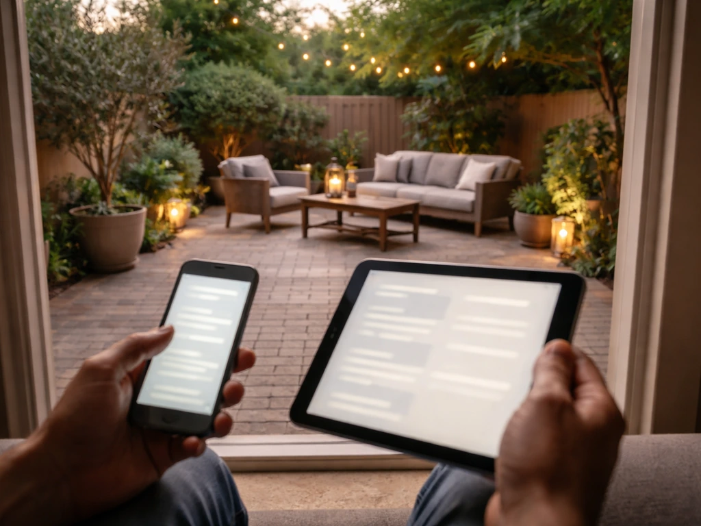 Homeowner holding a phone and tablet looking over a finished backyard patio.