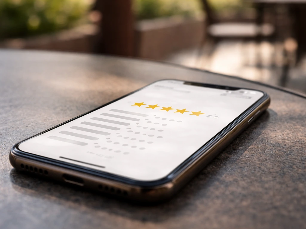 Close-up of a smartphone on a patio showing star ratings and review count for an outdoor contractor.
