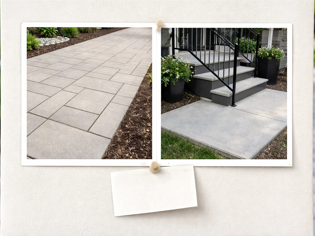 Side-by-side patio paver and railing detail photos displayed with a pinned blank review card.
