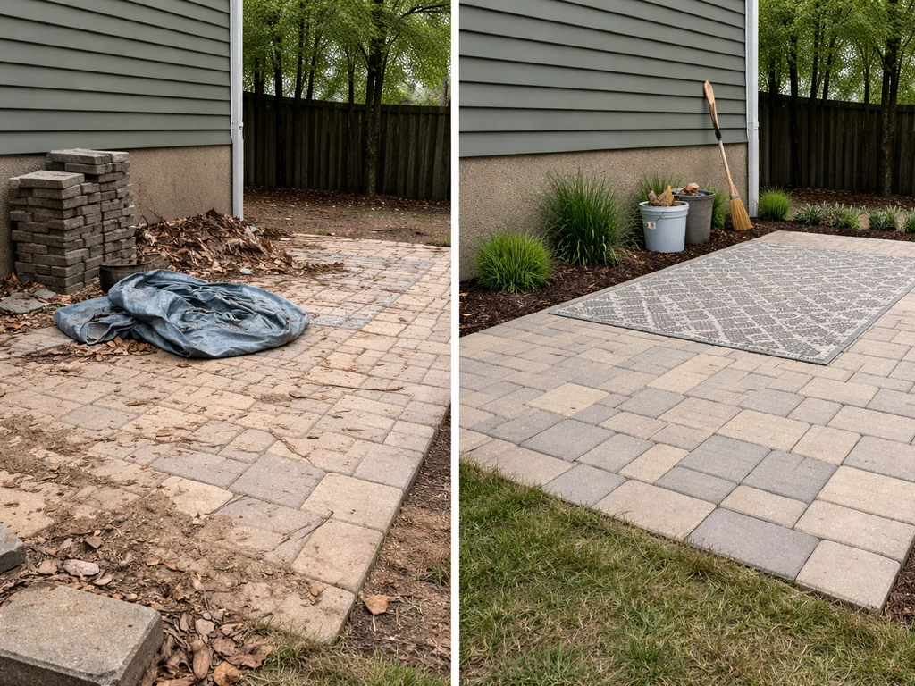 Split view of two simple patio review scenes: one with messy debris, one with a tidy, well-built patio.