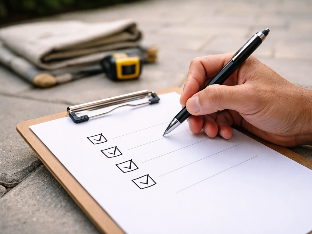 Hand holding a pen checking a simple checklist on a clipboard beside patio contractor materials