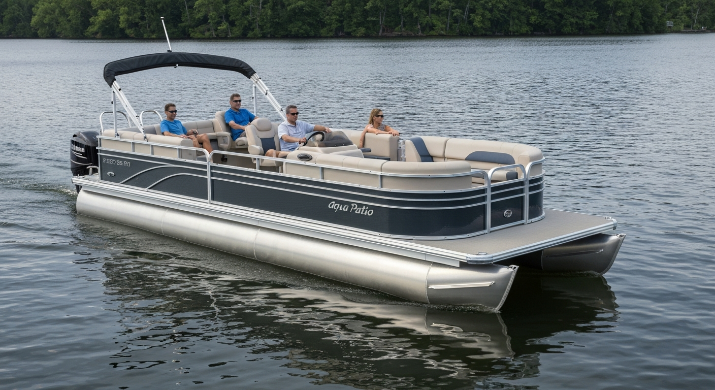 Three-quarter view photorealistic image of an Aqua Patio 250 XP tri-toon pontoon on a lake, showing the deck layout, metallic rail finish, and the three aluminum tubes under the hull.