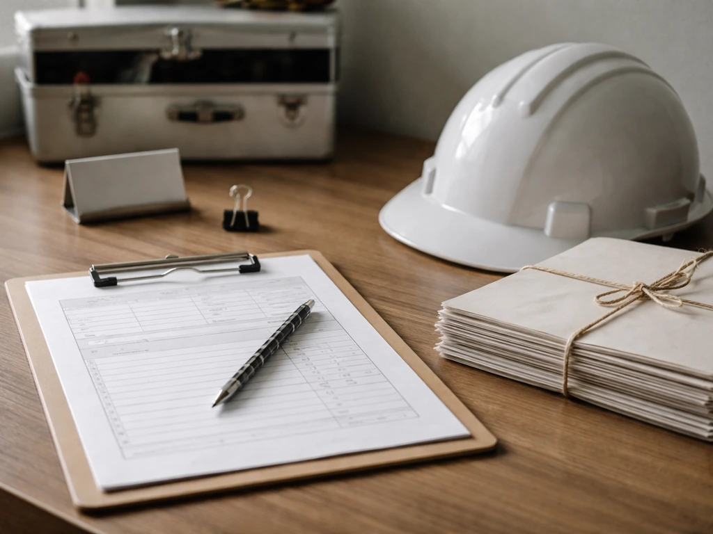 Minimal contractor desk scene with blank paperwork, hard hat, and toolbox suggesting licensed contracting.