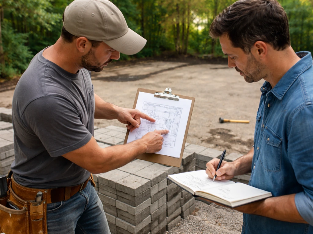 Contractor pointing at a patio plan while a homeowner reviews notes during a calm outdoor installation meeting.