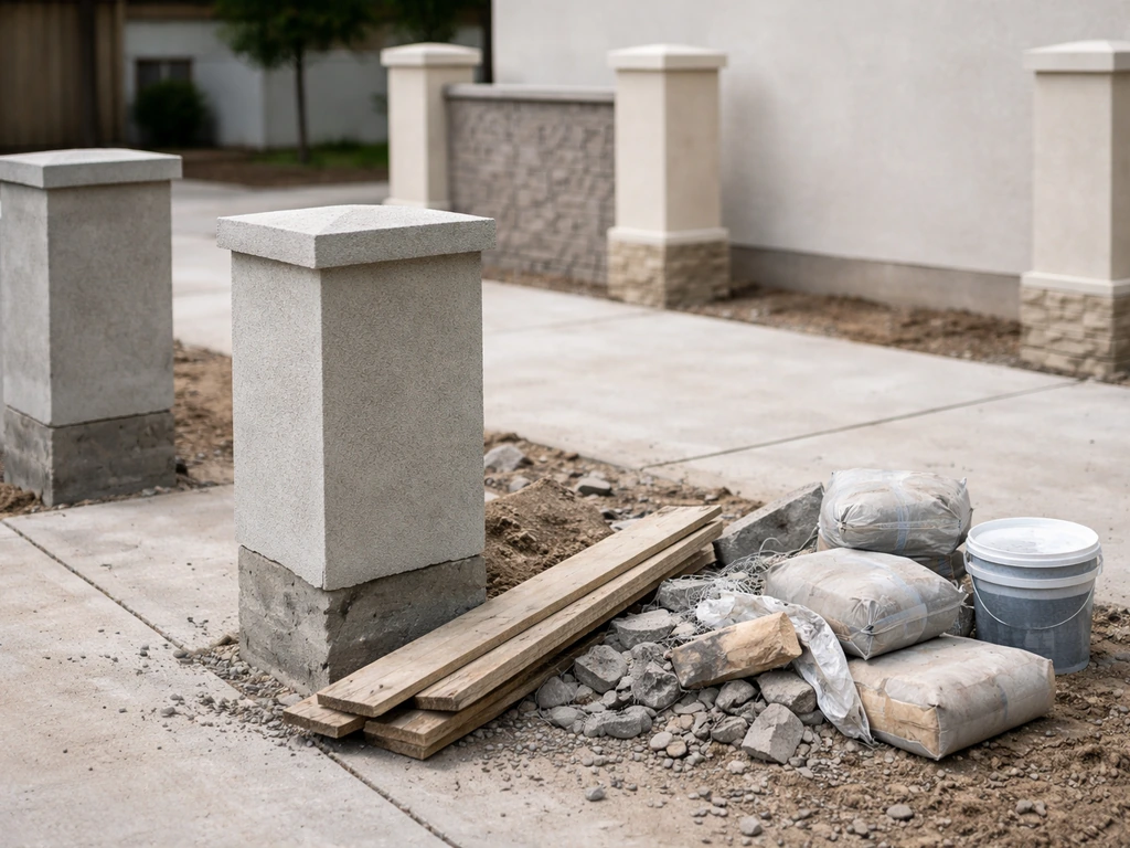 Home exterior worksite with mismatched stucco materials and leftover boards near unfinished posts