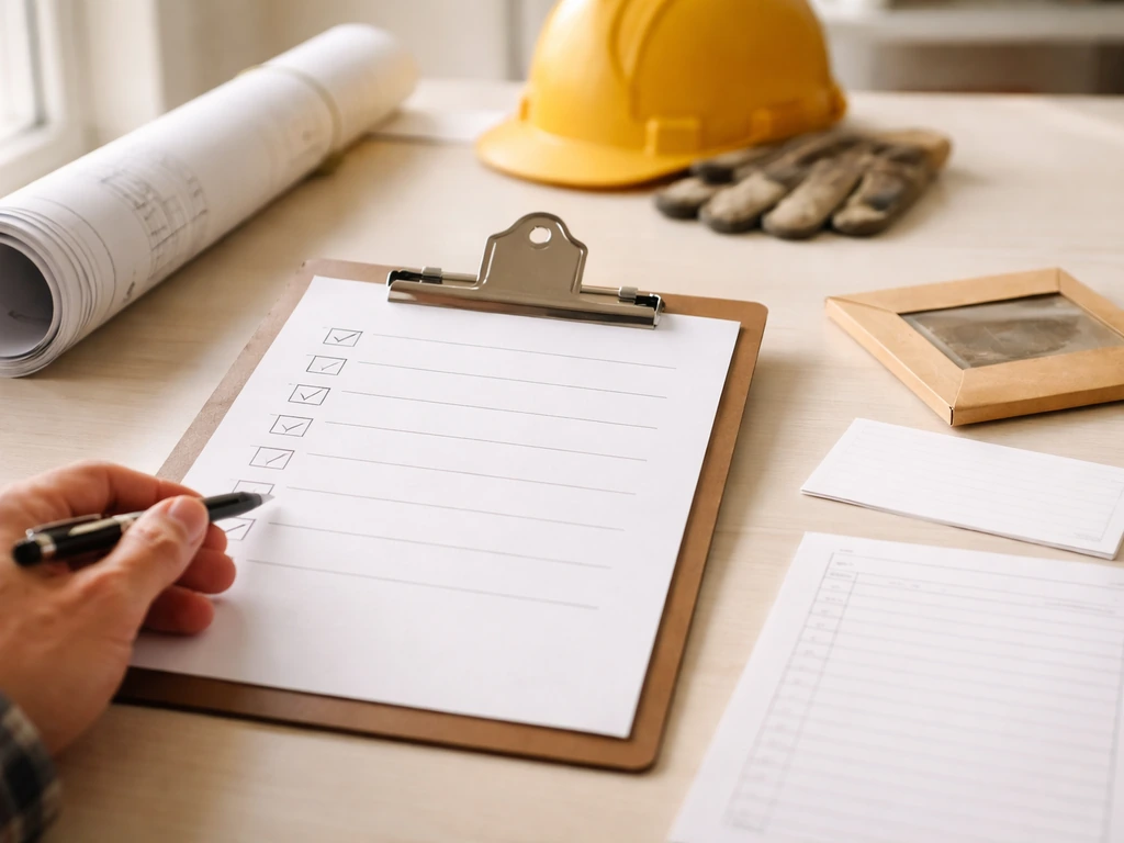 Close-up of a checklist on clipboard with contract items—scope, permits, materials, warranty, timeline—on a worksite des