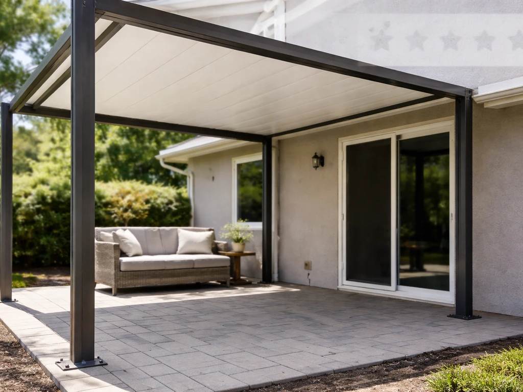 A quiet suburban patio with a new patio cover, with faint review-star icons suggesting customer review research.