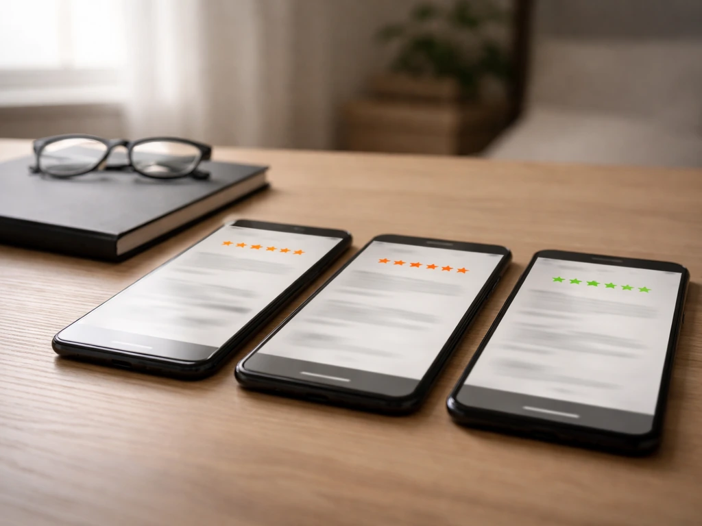 Three anonymous phones on a desk with blurred rating star icons suggesting consistent review patterns.