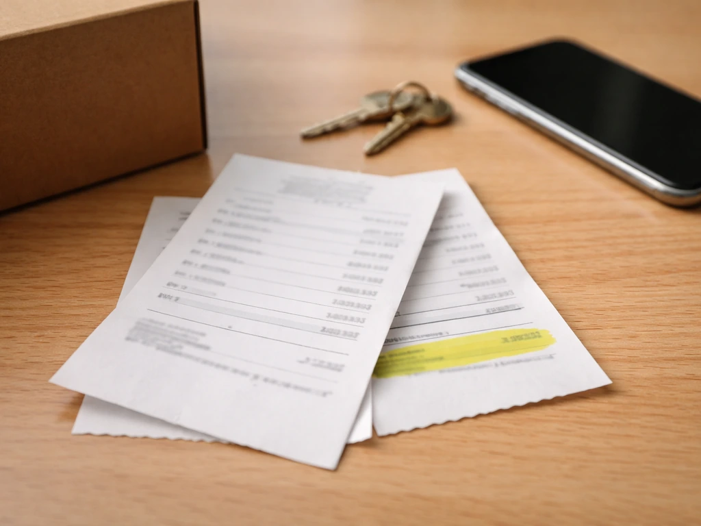 Close-up of generic receipts and a box on a desk, suggesting pricing and value disputes.