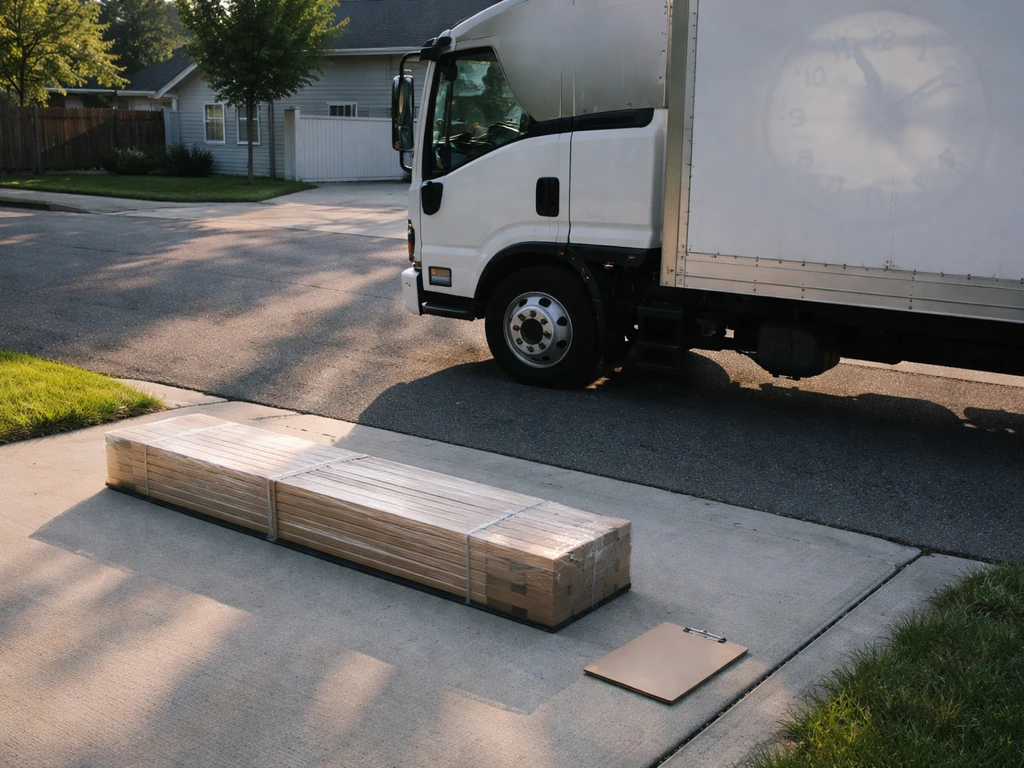Delivery truck and packaged wood on a driveway, with a subtle time-themed atmosphere suggesting scheduling