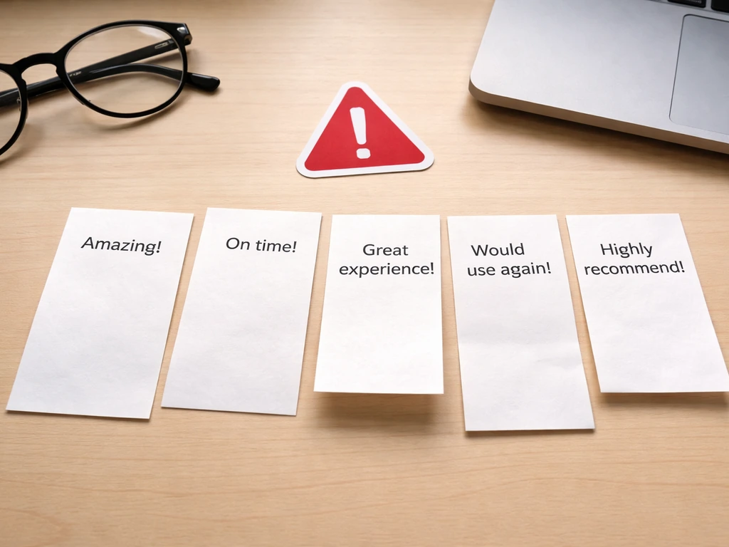Close-up of paper review snippets with generic praise words and a red warning icon motif on a desk.