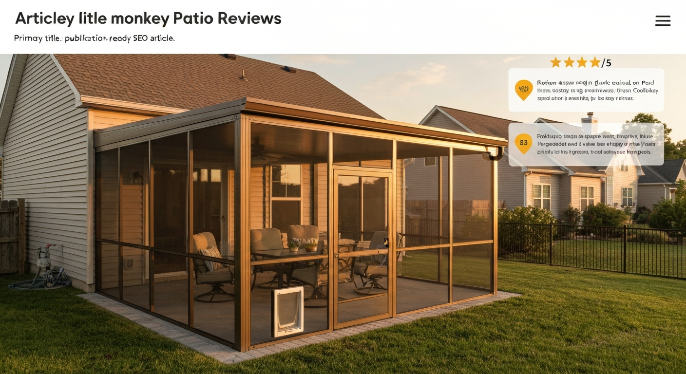 Photorealistic backyard with an aluminum screened patio enclosure, outdoor dining set, pet door insert, and a semi-transparent overlay showing a 3.6/5 review score.