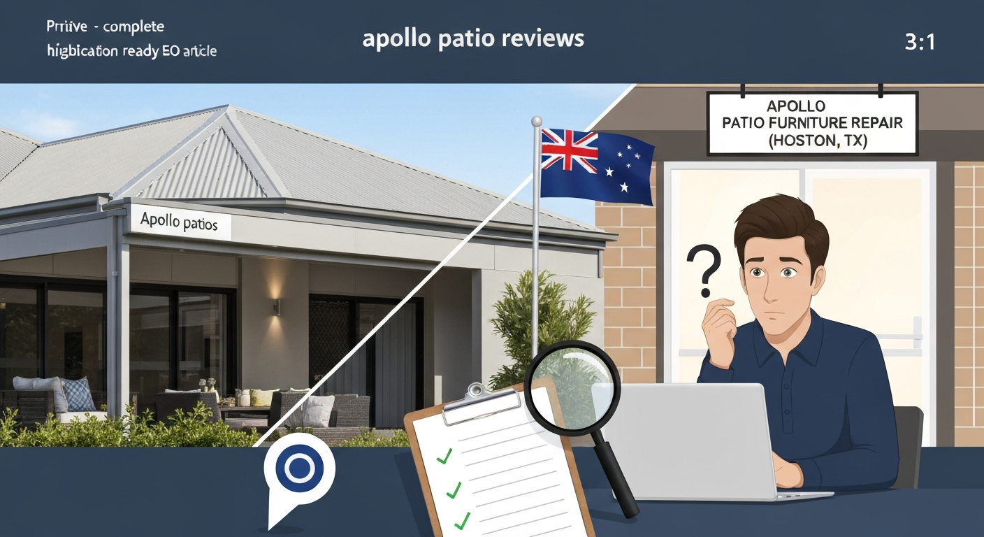 Split-screen illustration of an Australian patio and a North American homeowner comparing Apollo Patio review results.