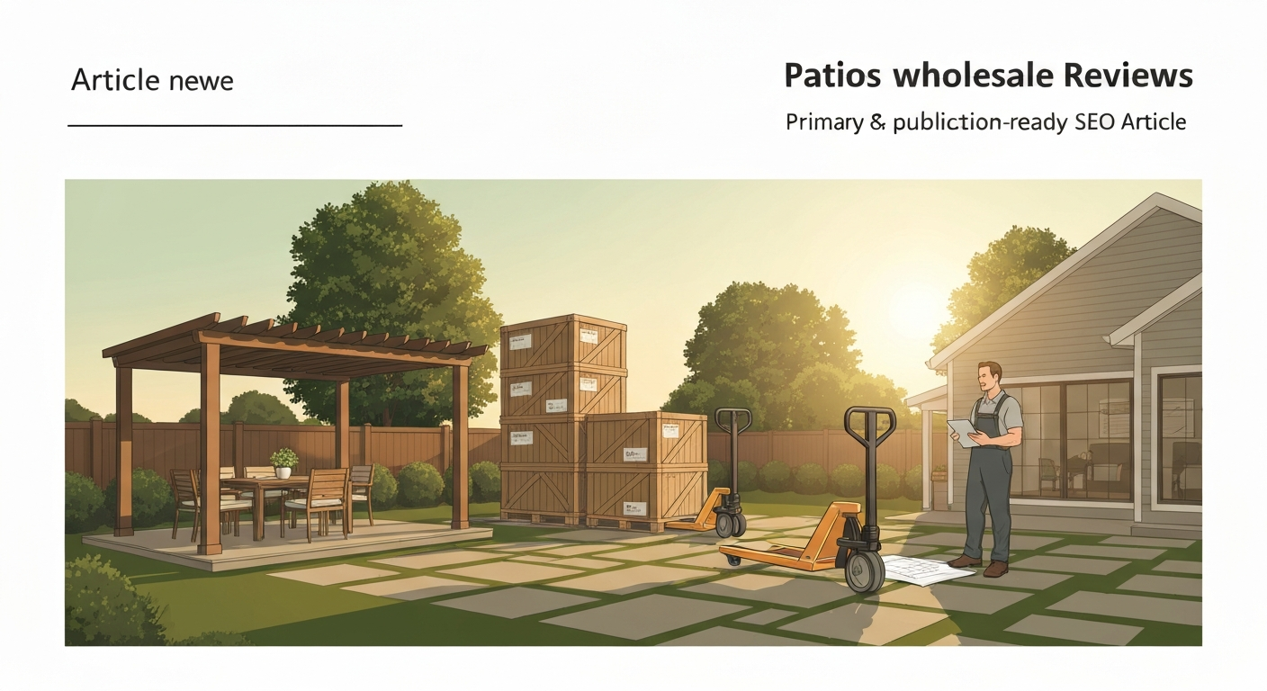 Illustration of a backyard patio with a pergola, delivery crates, and a contractor consulting with a homeowner.