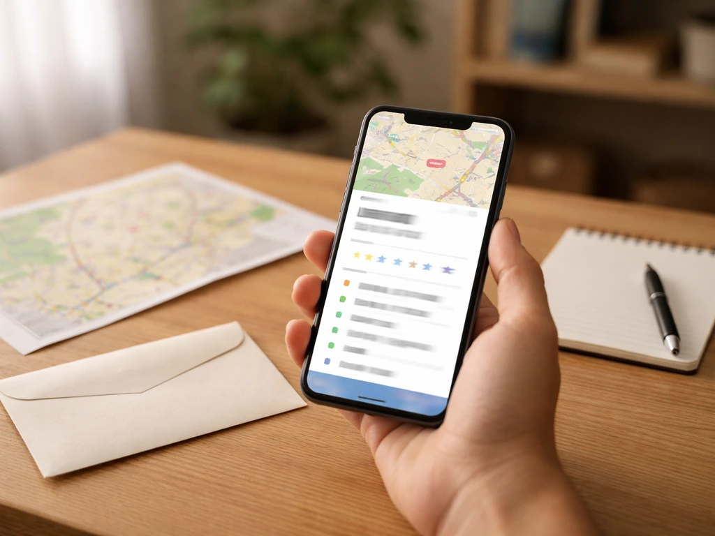 Close-up of a smartphone showing an address listing beside an envelope in a quiet home office