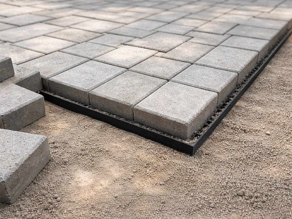 Close-up of a patio paver installation with straight edge restraints on a leveled base