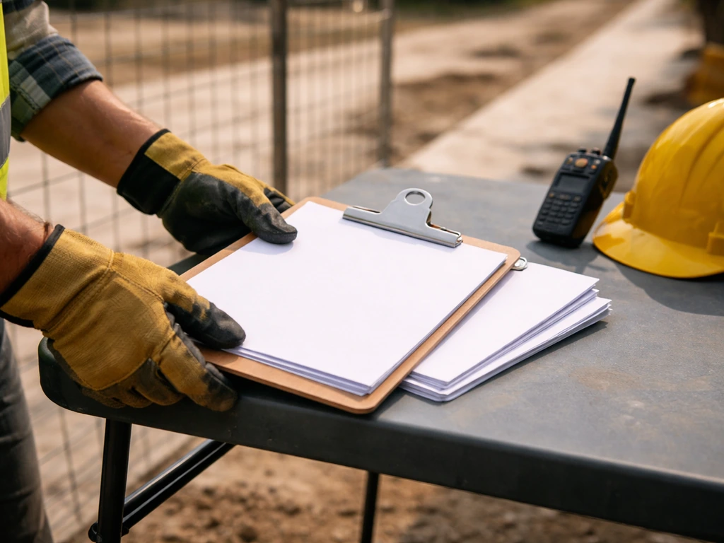 Contractor’s gloved hands setting blank project notes and a clipboard on a table at an outdoor jobsite.
