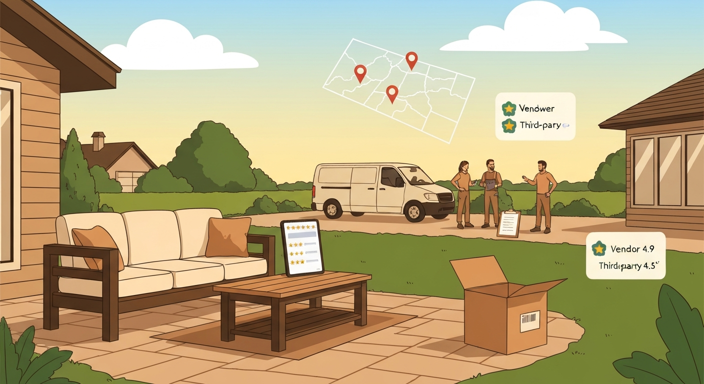 Illustration of a homeowner on a patio reading product reviews on a tablet, with delivery crate and installer van in the background, and overlaid badges showing vendor 4.9 and third‑party 4.5 ratings.