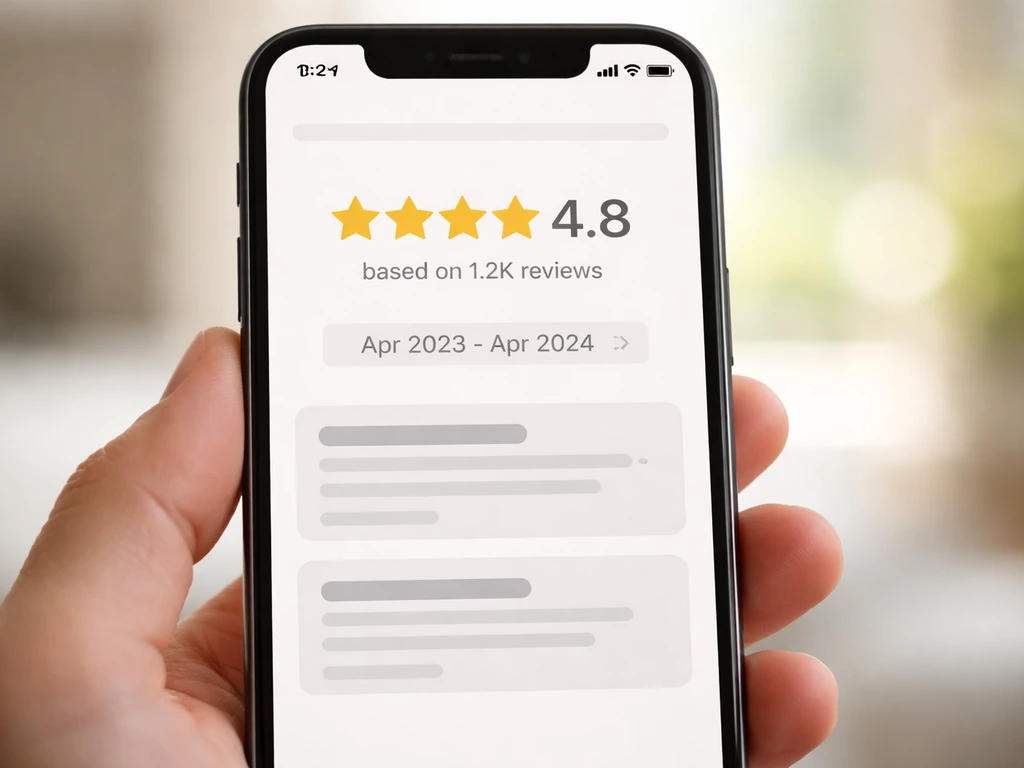 Close-up of a smartphone displaying a generic review page comparing star rating, review count, and recency.