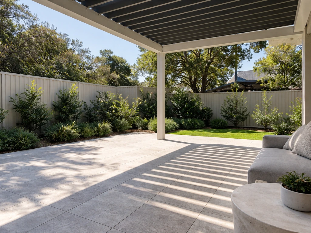 Bright Perth outdoor patio with pergola and clean tiled paving in natural light