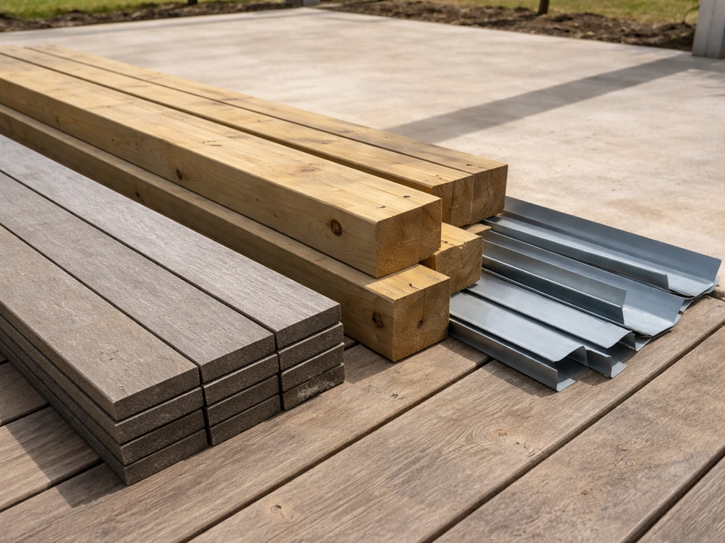 Close-up of decking boards, pergola beams, and flashing laid out on a patio surface in Perth, WA.