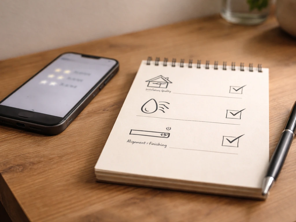 Minimal desk scene with a smartphone showing two review cards and handwritten checkmarks on installation details.