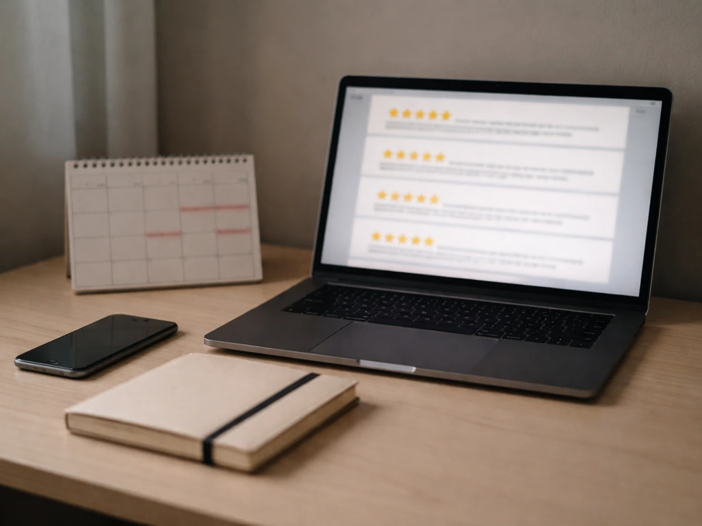 Close-up of a laptop showing a cluttered email inbox and a calendar page with blank dates, suggesting review sprees