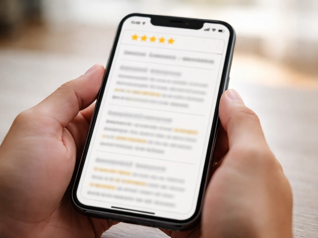 Close-up of a smartphone showing review-like highlights, star rating area and review text without readable text.