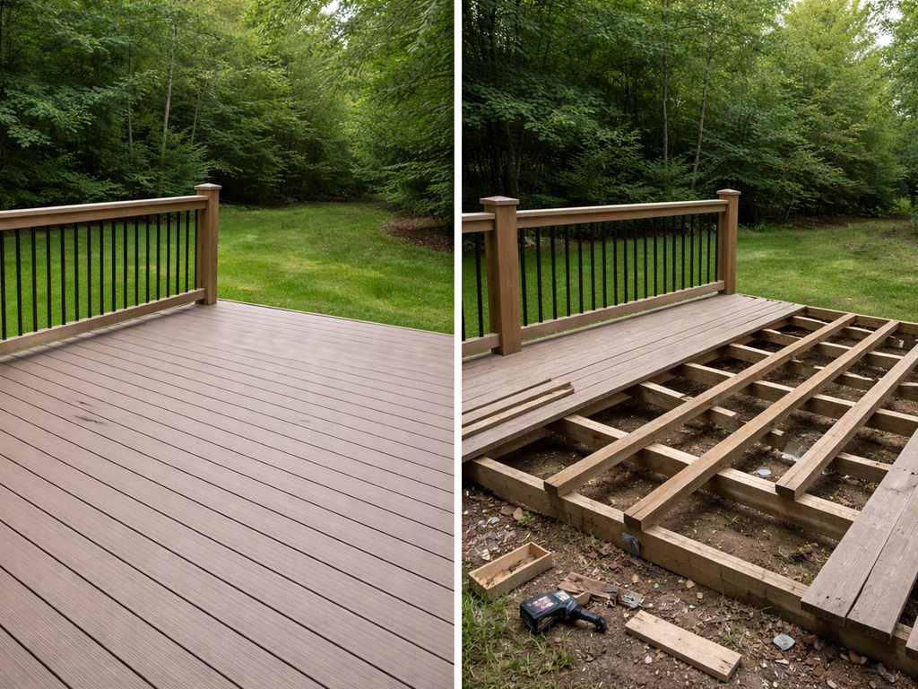 Split view: completed backyard deck vs an abandoned unfinished deck exposing substructure.