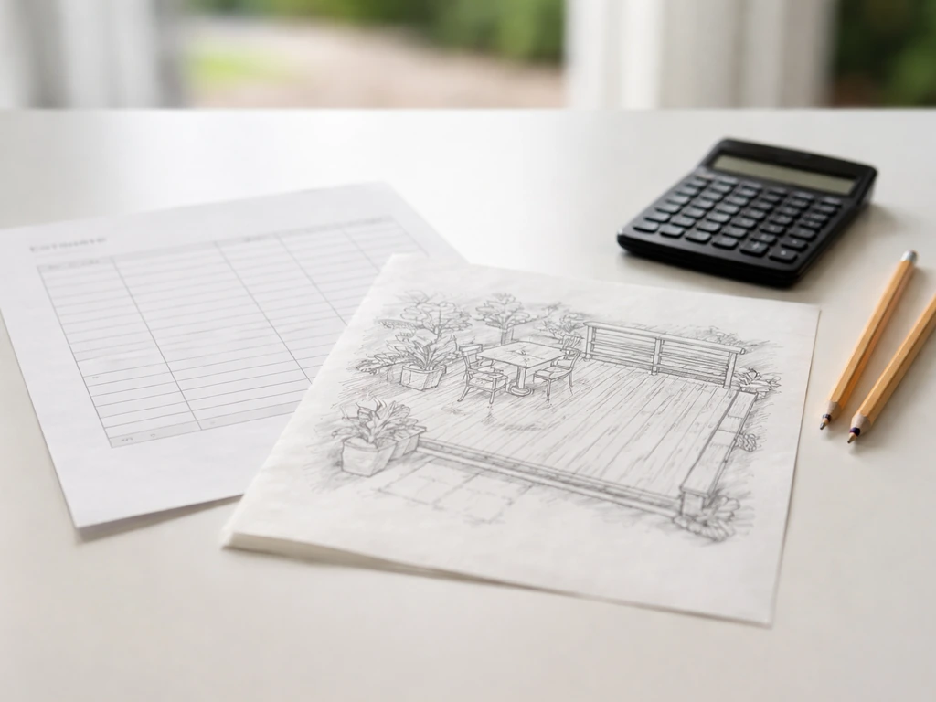 Close-up of a blank estimate-style page beside a contractor deck sketch, conveying clear, transparent pricing.