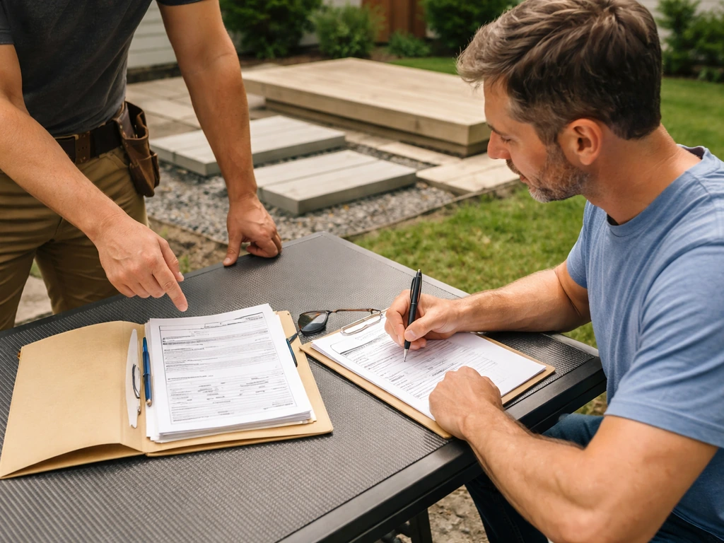 Homeowner reviews a checklist with a contractor gesturing toward permit documents and patio materials