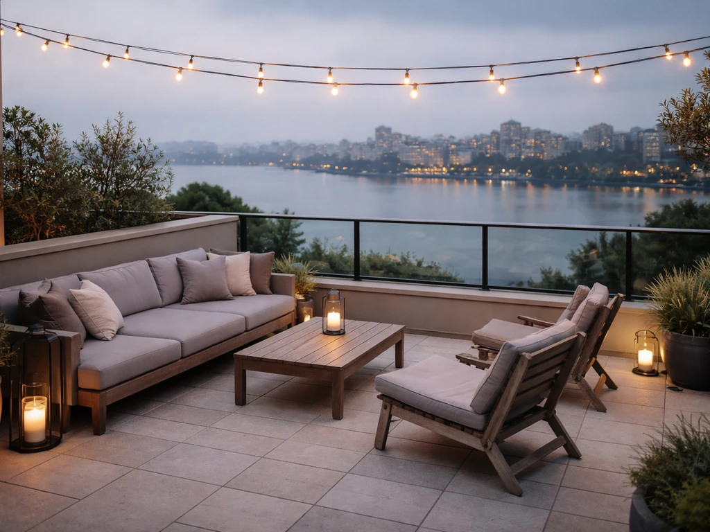 Cozy rooftop patio in Victoria, BC with harbor skyline views and warm layered outdoor lighting