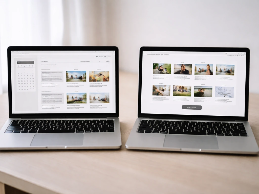 Two laptops side-by-side showing a venue-like booking layout and a contractor-like service layout.