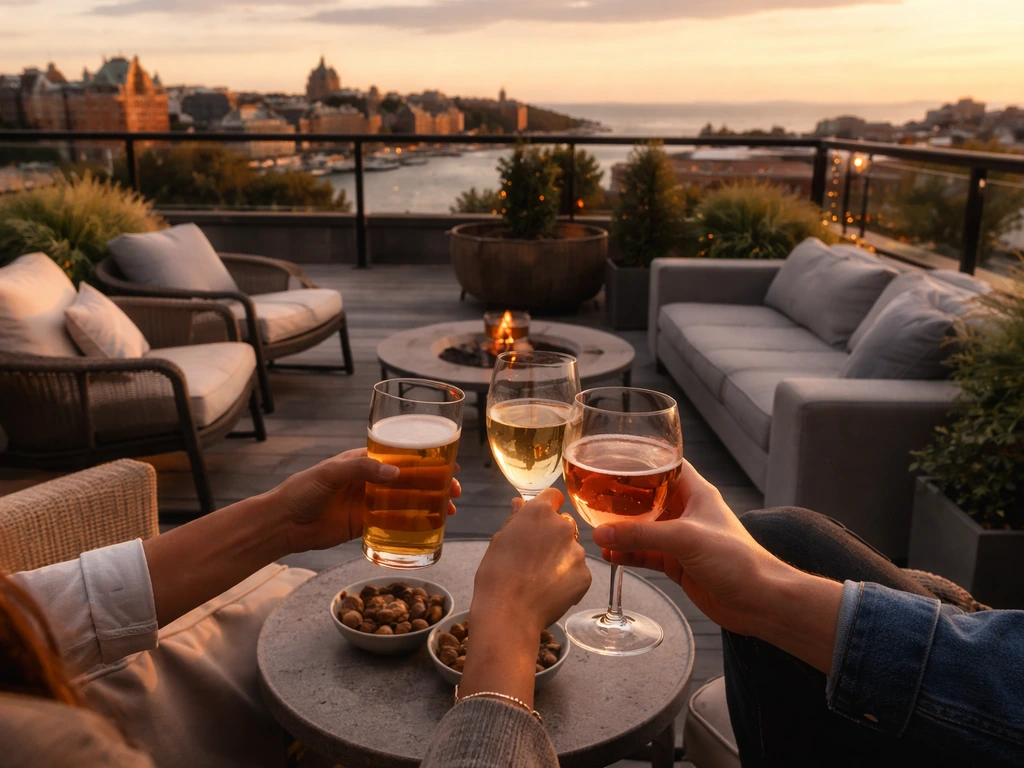 Golden-hour rooftop patio with outdoor seating, drinks, and sweeping Victoria skyline views.