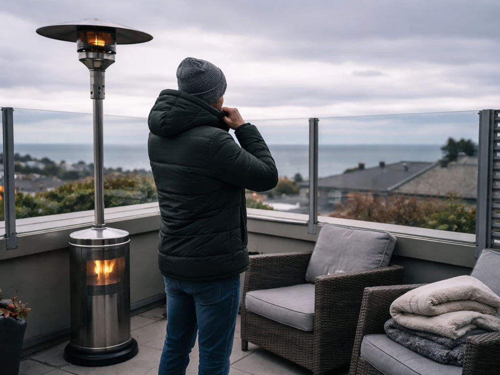 Cozy Victoria rooftop patio with windbreaks, patio heater, and people bundled in jackets in cool coastal breeze.