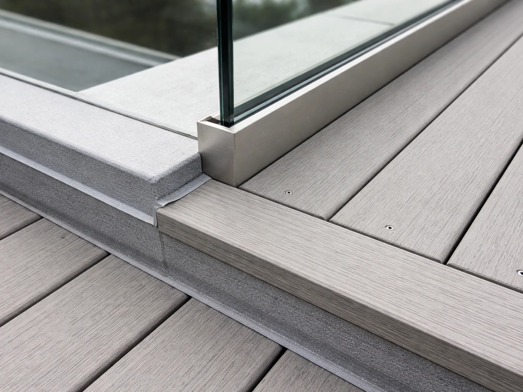 Close-up of a finished rooftop deck detail showing decking joints, glass railing base, and waterproofing edge.