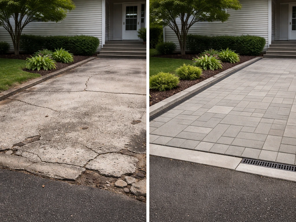 Split before-and-after of a New Jersey driveway and patio with newly finished concrete/pavers and clean edging.