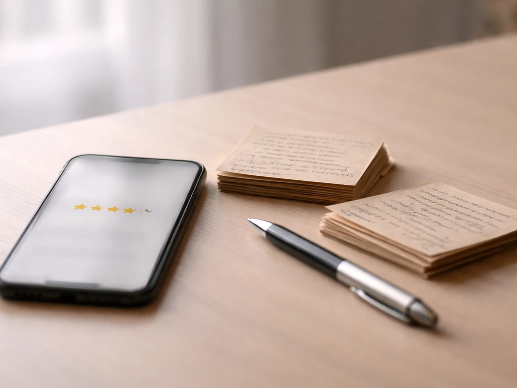 Close-up of two unordered stacks of handwritten review notes beside a blurred star rating on a phone screen