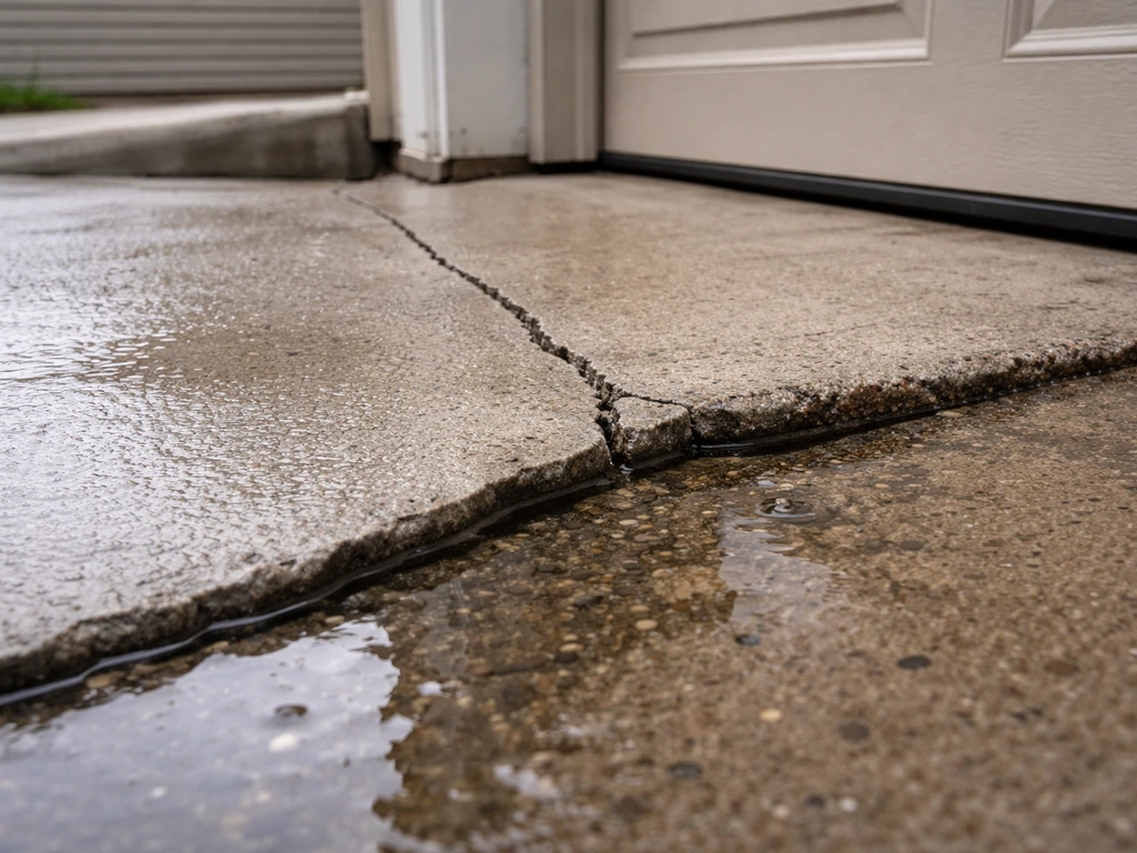 Close-up of early concrete surface cracking and pooled water near a garage foundation edge