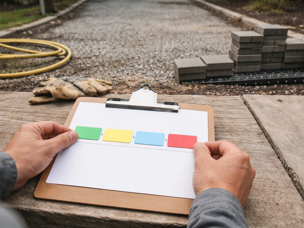 Contractor hands arranging a blank color-tab job timeline beside a driveway under replacement.