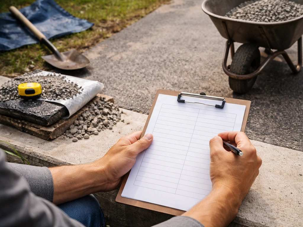 Anonymous hands reviewing a blank estimate near gravel, tools, and driveway materials for cost line items.