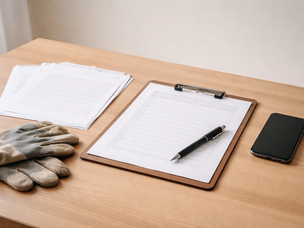 Minimal desk scene with unmarked checklist papers, pen, and phone suggesting questions before signing a contractor contr