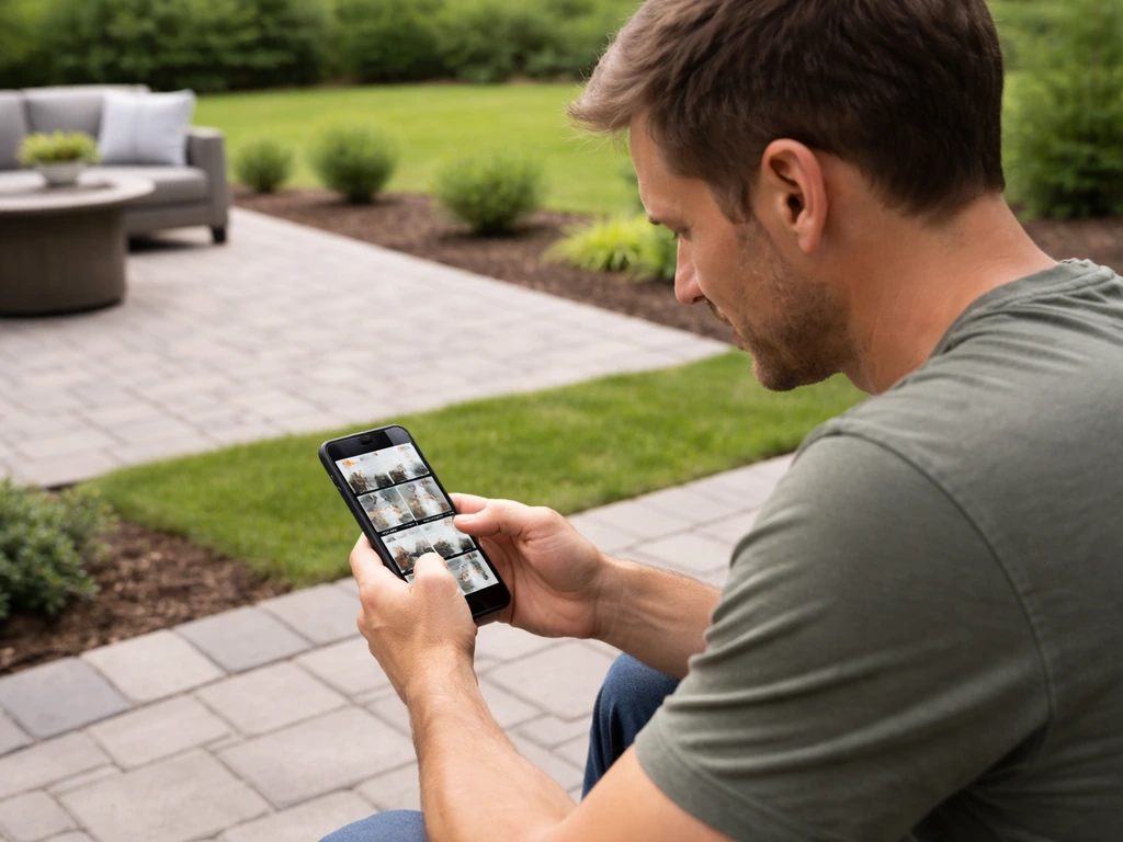 Person on a patio reviewing contractor photos on a smartphone beside pavers and landscaped yard.