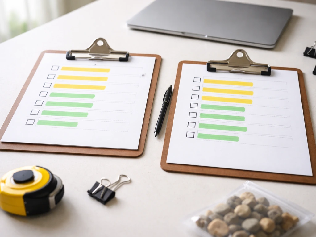 Minimal tabletop scene with two side-by-side patio contractor checklists on clipboards, marked for comparison.