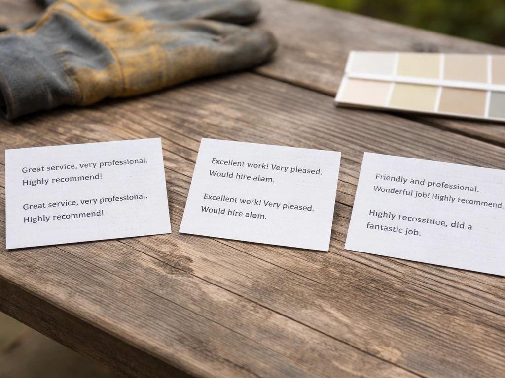 Close-up of repeated, overly generic review cards on a wood desk with outdoor contractor items nearby.