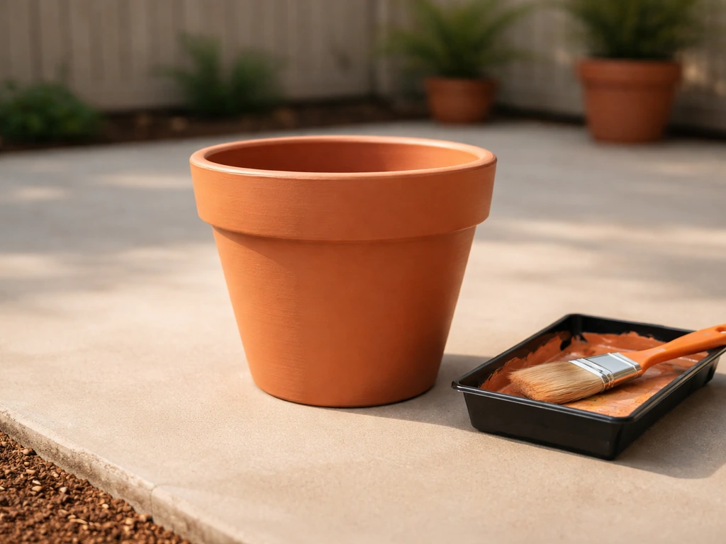 Freshly painted terra-cotta planter and patio concrete in natural daylight outdoors