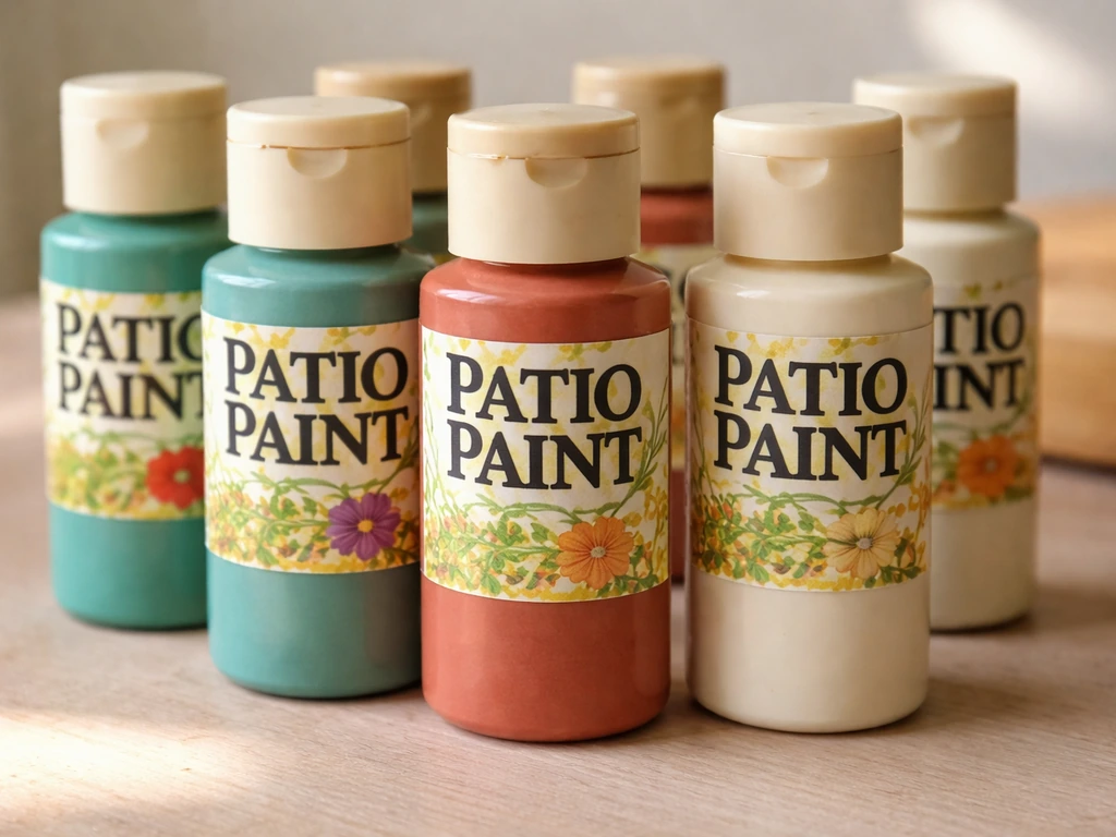 Close-up of small 2 oz patio paint bottles in different colors on a work surface.