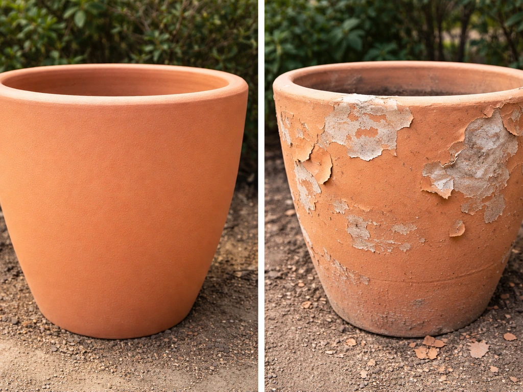 Side-by-side painted outdoor planters: one evenly coated, the other peeling and poorly adhered.